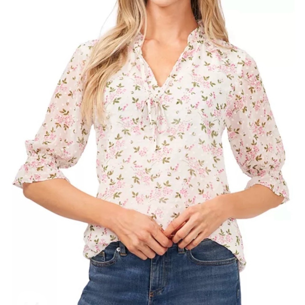 Cece Women’s Split Neck Floral Print Clip Dot 3/4 Sleeve Sheer Lined Blouse M